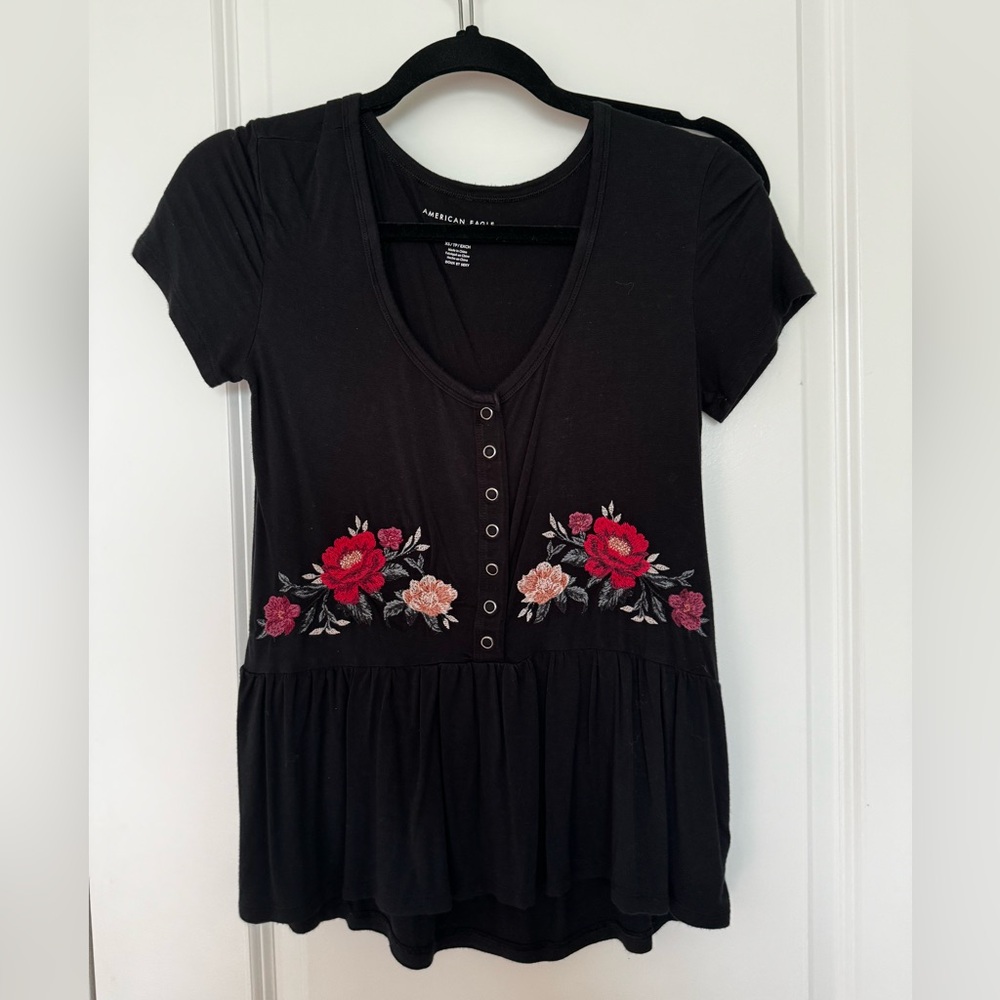 American Eagle Soft and Sexy Black and Red Peplum Floral Embroidered Top